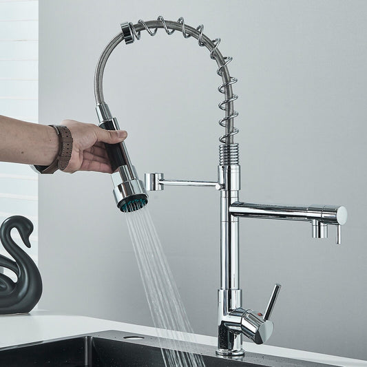 A sleek chrome kitchen tap with a high arch, modern design, and single-lever control