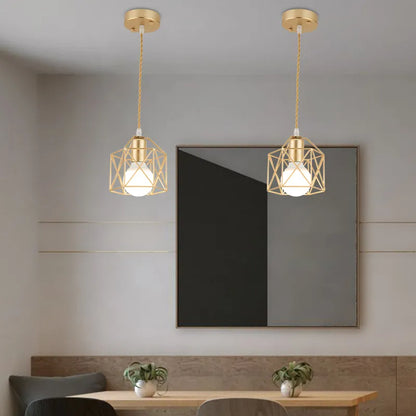 A sleek pendant light featuring a metal cage shade.