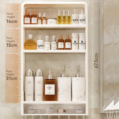Multifunctional storage solution for a clutter-free bathroom experience.
