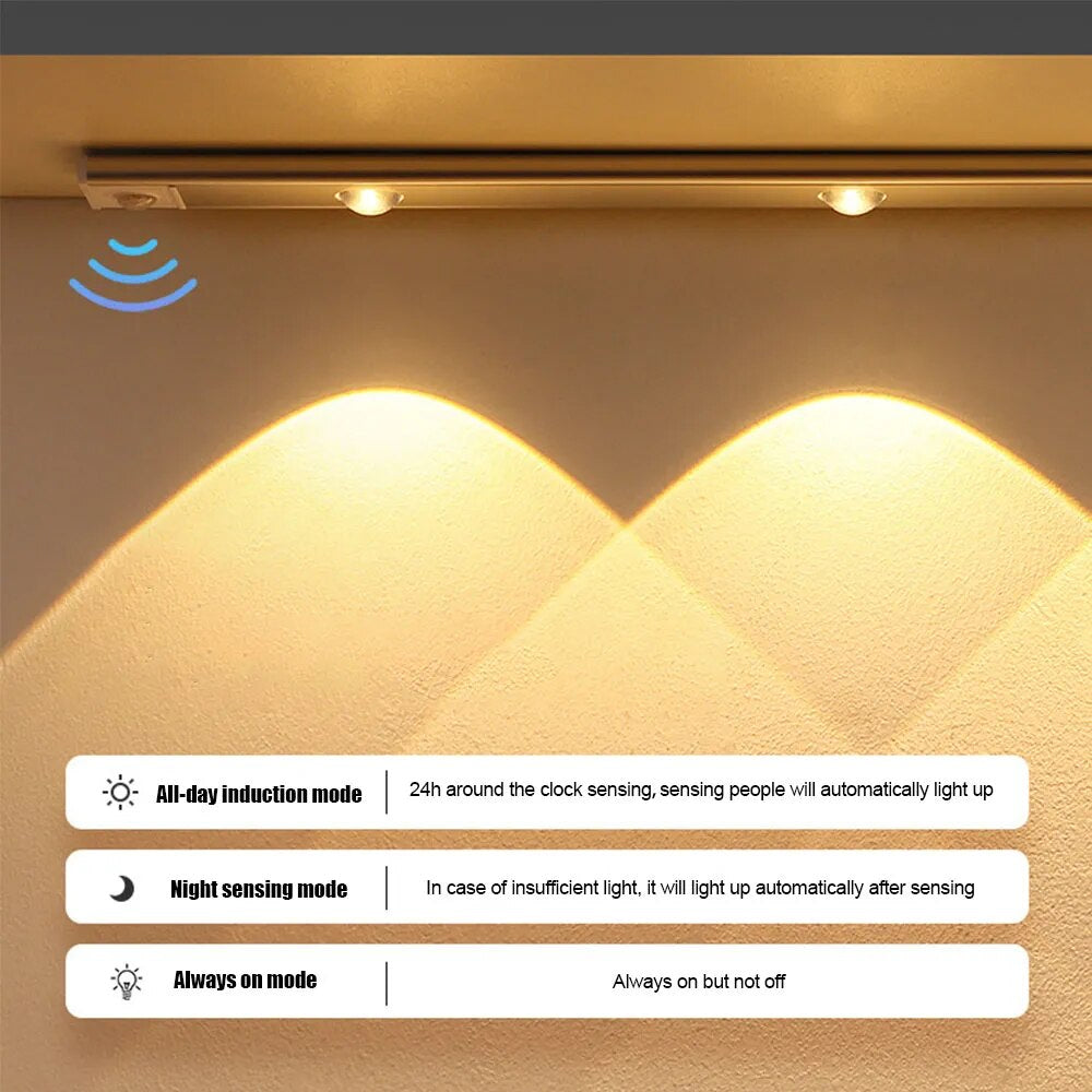 Nighttime motion sensor LED light powered by USB, perfect for bedside use.