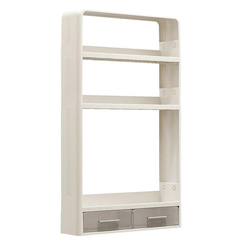 Bathroom organizer shelves rack with drawers and hooks for cosmetics and towels.