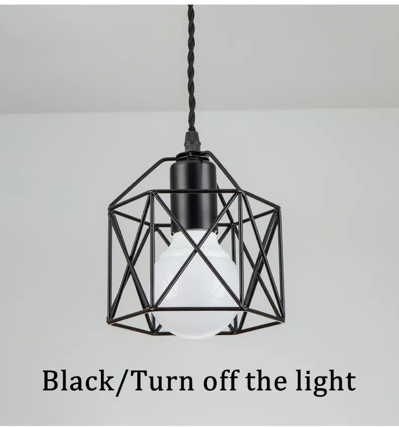 Pendant light with a geometric metal cage design, adding visual interest.