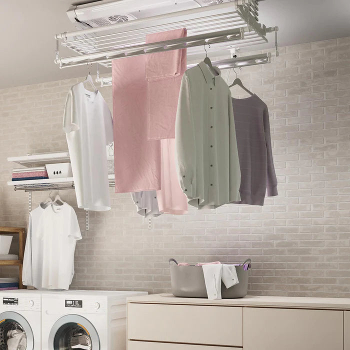 Smart ceiling-mounted drying rack in action