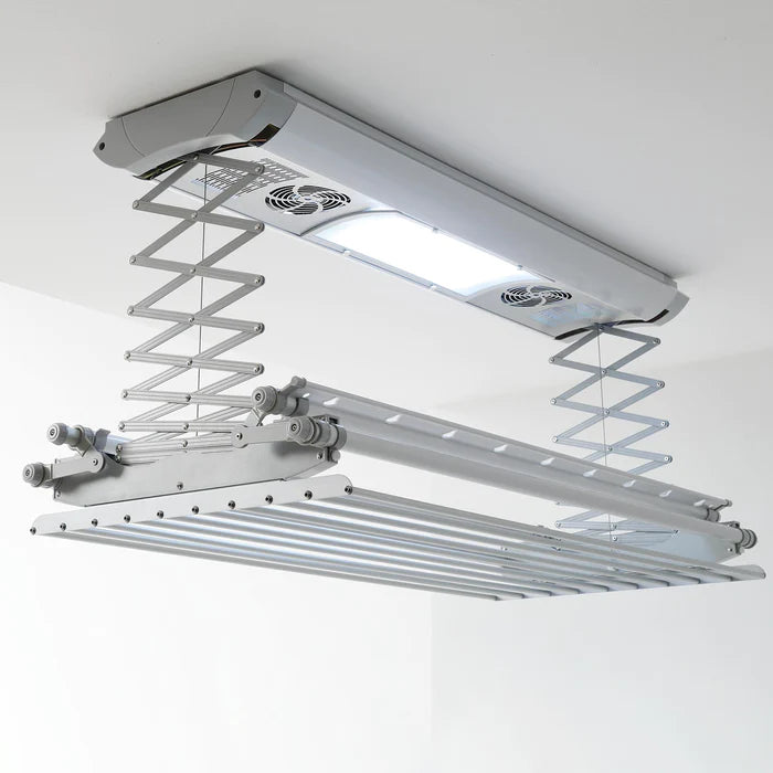 "Ceiling-mounted clothes drying rack with automatic features