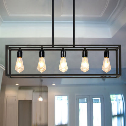 An industrial-style ceiling lamp with five hanging lights.