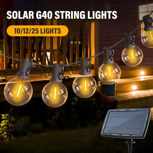 GlowFiesta Waterproof Solar G40 Lights - A string of solar-powered G40 bulbs illuminating an outdoor space