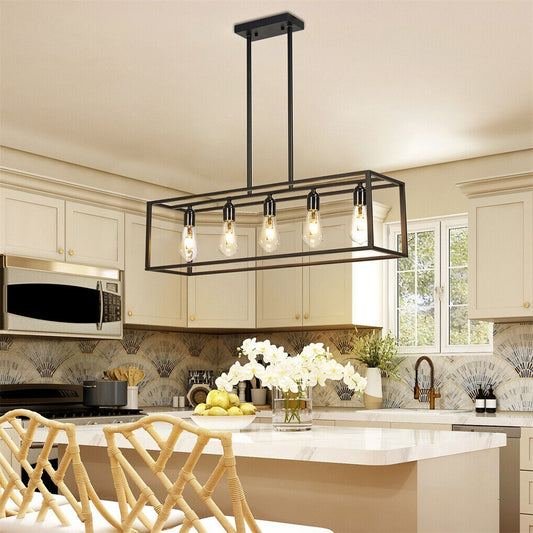 A modern chandelier with five hanging pendant lights.